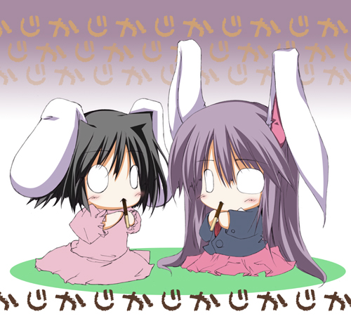sen (astronomy), inaba tewi, reisen udongein inaba, touhou, lowres, 2girls, animal ears, black hair, blank eyes, blush, chibi, chibi only, eating, female focus, floppy ears, food, gradient background, long hair, multiple girls, pocky, puffy short sleeves, puffy sleeves, purple hair, rabbit ears, short hair, short sleeves, sitting, skirt, white background