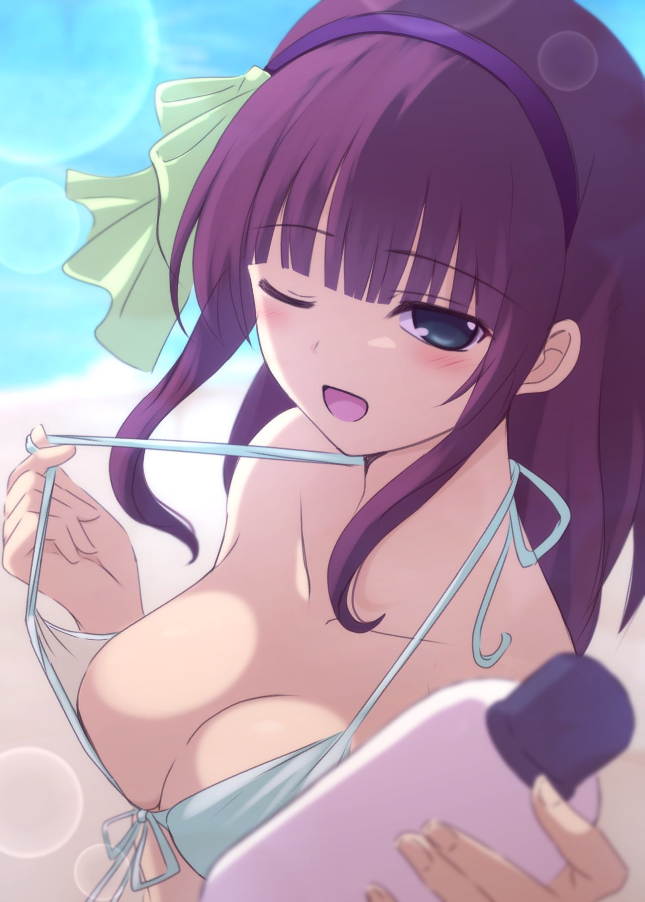 lelie (lelie link), nakamura yuri, angel beats!, commentary request, highres, 1girl, aqua bikini, aqua eyes, bikini, blush, bottle, breasts, cleavage, collarbone, from above, front-tie bikini top, front-tie top, hairband, holding, holding bottle, long hair, lotion bottle, medium breasts, one eye closed, open mouth, purple hair, purple hairband, solo, strap lift, swimsuit, upper body