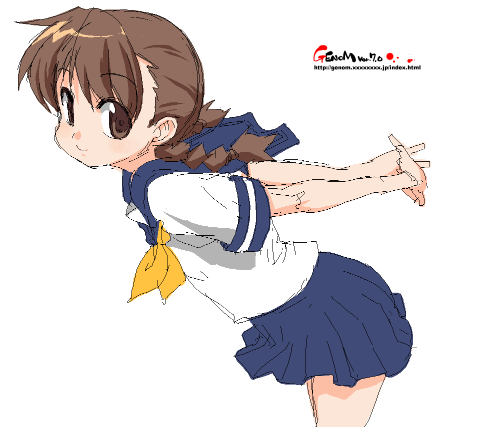 onija tarou, braid, brown eyes, brown hair, oekaki, own hands together, school uniform, serafuku, short hair, simple background, skirt, solo, twin braids, watermark, web address, white background