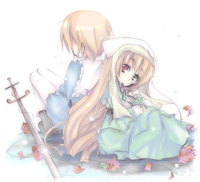 furui suguri, souseiseki, suiseiseki, rozen maiden, 00s, 2girls, back, dress, flower, headscarf, heterochromia, long hair, multiple girls, rose, short hair, siblings, sisters, sitting, twins, white background, white headscarf