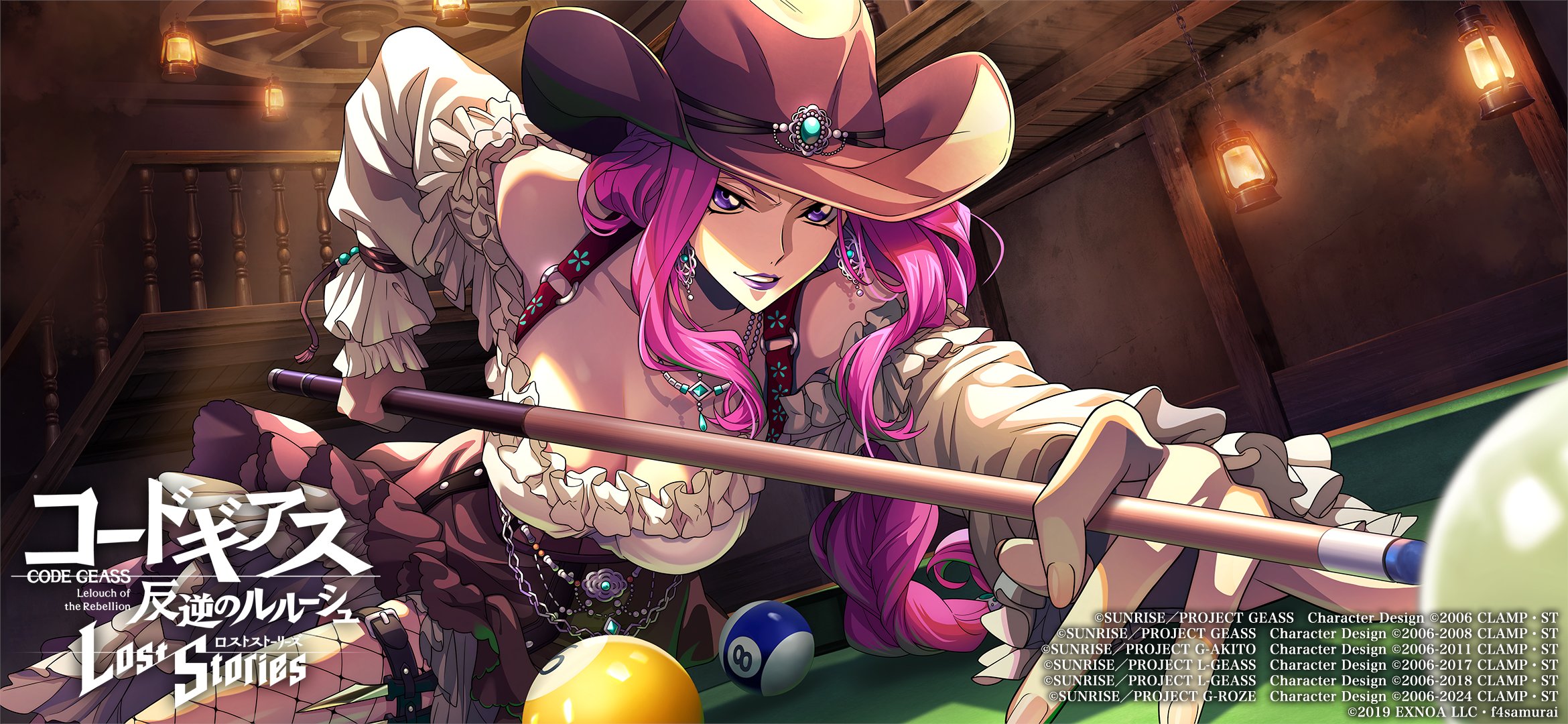 cornelia li britannia, code geass, code geass: lost stories, official art, 1girl, breasts, cleavage, cowboy hat, cue stick, hat, large breasts, long hair, pool table, purple eyes, purple hair, purple lips, solo, table