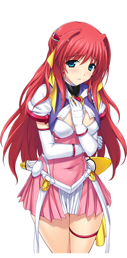 onigirikun, escalayer, kouenji sayuka, choukou (alicesoft), choukou tenshi escalayer, game cg, non-web source, official art, variant set, 1girl, blue eyes, blush, breasts, brooch, chest jewel, cleavage, cleavage cutout, clothing cutout, cowboy shot, dress, elbow gloves, gloves, hair intakes, hair ornament, hair ribbon, half updo, hand on own chest, jewelry, long hair, looking at viewer, magical girl, medium breasts, pink dress, puffy sleeves, red hair, ribbon, short dress, short sleeves, skirt, solo, standing, thigh strap, transparent background, turtleneck, white gloves, yellow ribbon