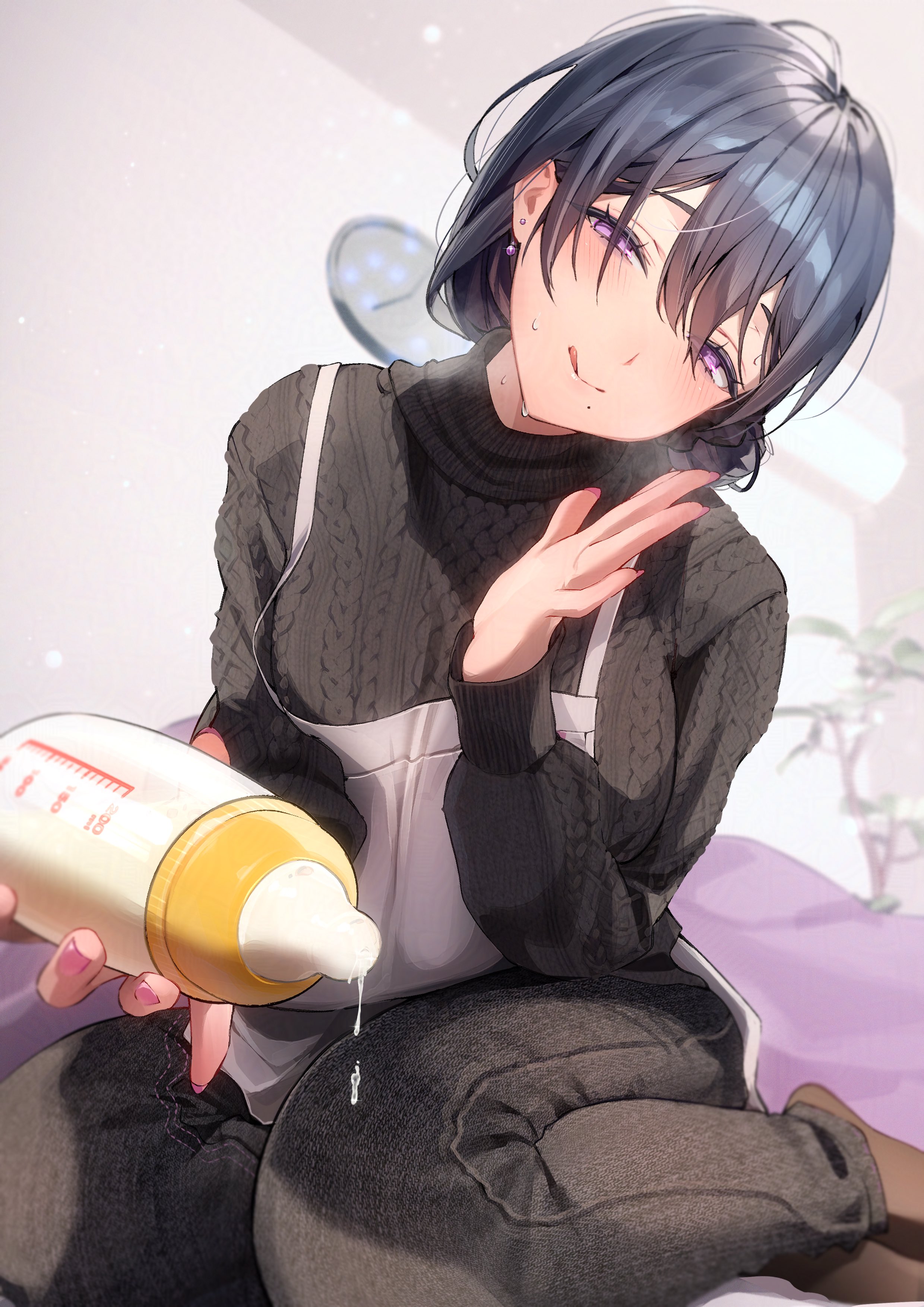 nen 0405, tokiai misao, indie virtual youtuber, absurdres, commentary request, commission, highres, second-party source, skeb commission, 1girl, apron, baby bottle, black hair, black pants, black sweater, blush, bottle, breasts, cable knit, clock, earrings, hair between eyes, half-closed eyes, hand up, head tilt, holding, holding bottle, jewelry, long sleeves, looking at viewer, medium breasts, mole, mole under mouth, nail polish, pants, pink nails, purple eyes, sitting, solo, sweat, sweater, tongue, tongue out, twitter username, virtual youtuber, watermark, white apron