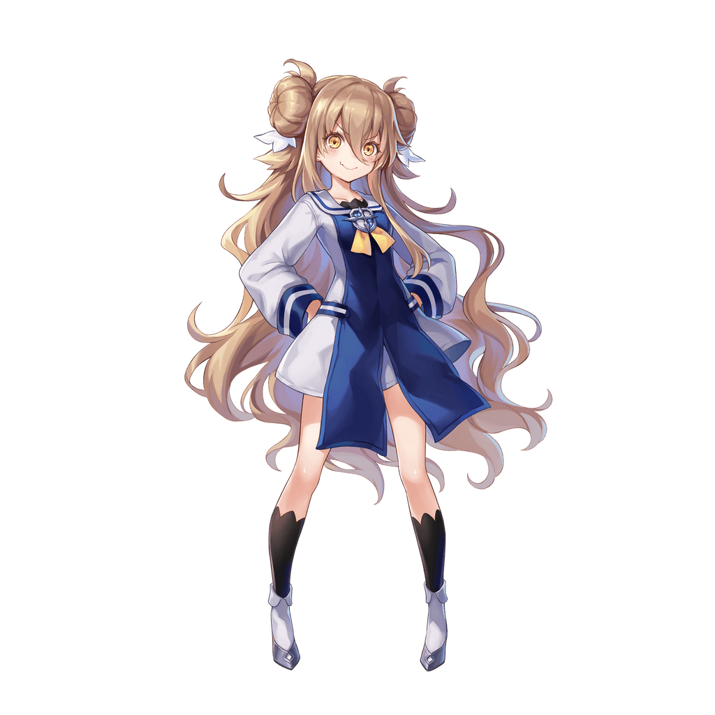aster tatariqus, commentary request, official art, third-party source, 1girl, black socks, blue dress, brown hair, camelot academy of chivalry school uniform, closed mouth, collared dress, double bun, dress, fang, full body, hair between eyes, hair bun, hands on own hips, long hair, long sleeves, lyonesse (aster tatariqus), school uniform, simple background, skin fang, smile, socks, solo, standing, transparent background, two-tone dress, v-shaped eyebrows, very long hair, wavy hair, white dress, yellow eyes