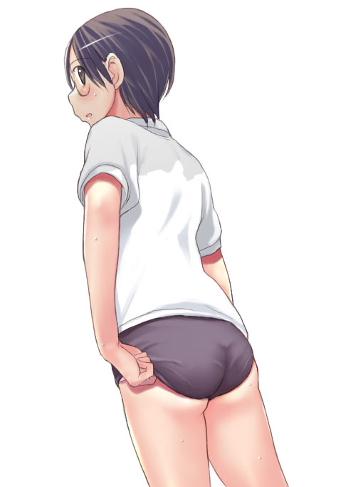 takeda sun, adjusting buruma, adjusting clothes, ass, black hair, blush, buruma, glasses, gym uniform, short hair, simple background, white background