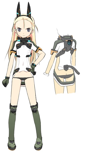 shimada fumikane, elise von dietrich, sky girls, official art, >:), 00s, 1girl, alternate costume, animal ears, antenna hair, ass, black panties, blonde hair, blush, boots, butt crack, covered navel, fake animal ears, flat ass, flat chest, from behind, full body, gloves, green boots, green gloves, grey eyes, grin, groin, hairband, headgear, knee boots, light smile, long hair, looking at viewer, lowleg, lowleg panties, mecha pilot suit, motion slit, motionslit, multiple views, panties, simple background, smile, standing, tail, turtleneck, underwear, v-shaped eyebrows
