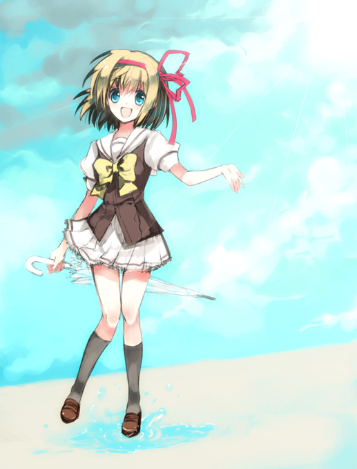 shiratama shima, fuyou kaede, shuffle!, 00s, brown shoes, puddle, school uniform, serafuku, shoes, sky, solo