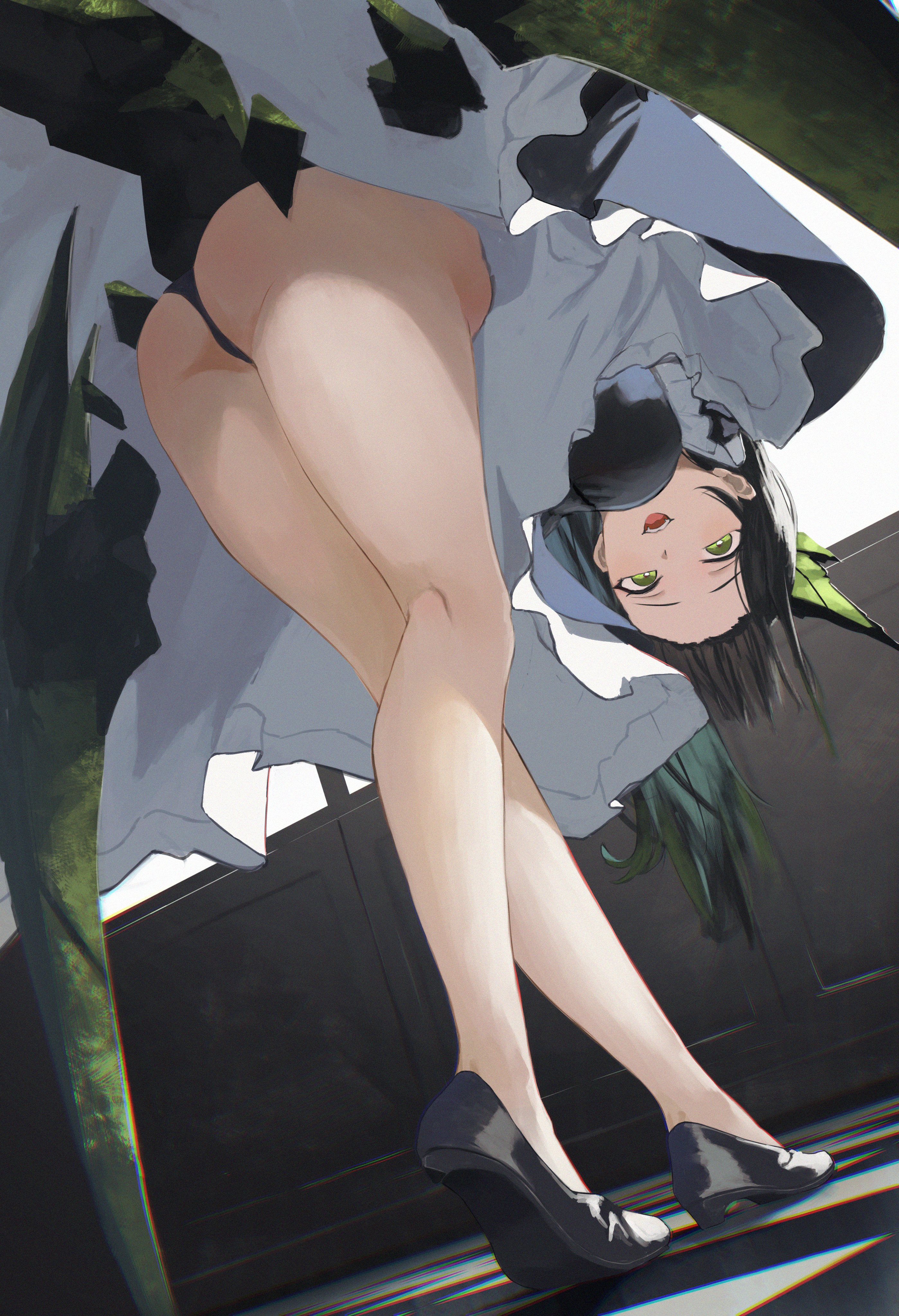 shikyou yoru, mon3tr (arknights), arknights, absurdres, commentary, highres, 1girl, alternate costume, animal ears, ass, bare legs, bent over, black dress, black hair, black panties, black shoes, breasts, checkered floor, dress, frilled dress, frills, from below, full body, green eyes, green hair, large breasts, legs, loafers, long hair, looking at viewer, maid, multicolored dress, multicolored hair, open mouth, panties, shoes, solo, tail, teeth, thighs, two-tone dress, two-tone hair, underwear, upper teeth only, white dress