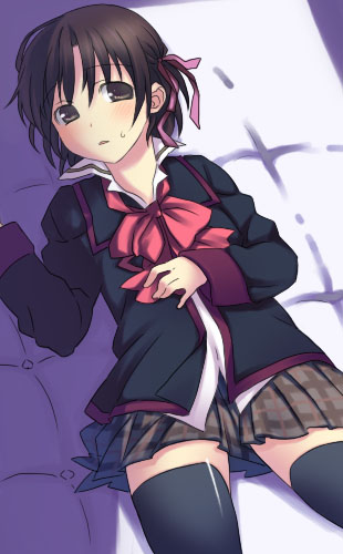 jimeko, naoe riki, little busters!, lowres, 1boy, bob cut, bow, crossdressing, crossdressing (mtf), lying, male focus, on back, pink bow, pleated skirt, school uniform, serafuku, skirt, solo, thighhighs, trap, zettai ryouiki