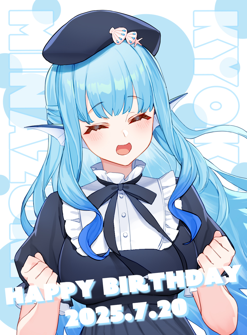 izumi sai, jingai kyoshitsu no ningen girai kyoshi, highres, official art, 1girl, :d, ^ ^, beret, blue dress, blue hair, blue hat, blue ribbon, blush, breasts, character name, clenched hands, closed eyes, collared dress, dated, dress, hands up, happy birthday, hat, large breasts, long hair, long sidelocks, mermaid, minazuki kyoka, monster girl, open mouth, polka dot, polka dot background, puffy short sleeves, puffy sleeves, ribbon, short sleeves, sidelocks, smile, solo, standing, upper body, wavy hair