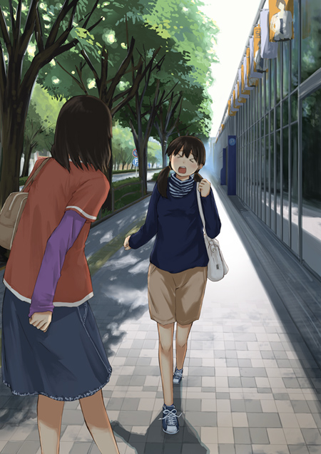 tamaru tokihiko, original, striped, > <, 2girls, back, bag, black hair, brown hair, bush, casual, closed eyes, day, glass, long hair, long sleeves, low twintails, multiple girls, open mouth, outdoors, pavement, pole, railing, reflection, road sign, shadow, shoes, short hair, short hair with long locks, shorts, shoulder bag, sign, skirt, sky, sneakers, standing, tree, tree shade, turtleneck, twintails, walking