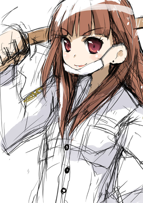 yamane masato, gotou yuuko, gotouza, gottouza, lucky star, 00s, 1girl, banchou, bokken, bousouzoku, brown hair, clothes writing, coat, delinquent, female focus, hand on own hip, long hair, looking at viewer, simple background, sketch, solo, sword, tokkoufuku, weapon, white background, wooden sword