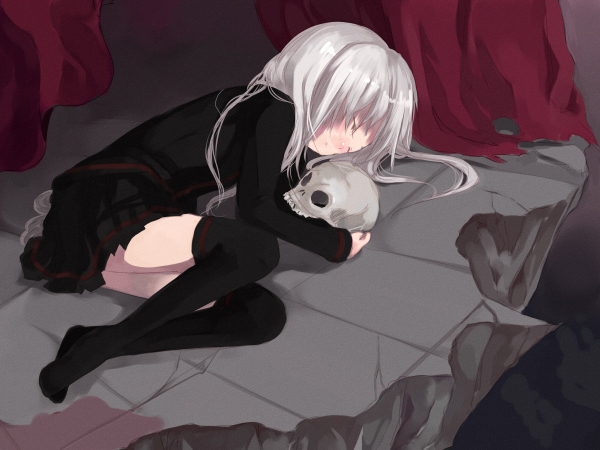 itou nanami, original, fetal position, full body, school uniform, serafuku, skull, sleeping, solo, thighhighs, zettai ryouiki