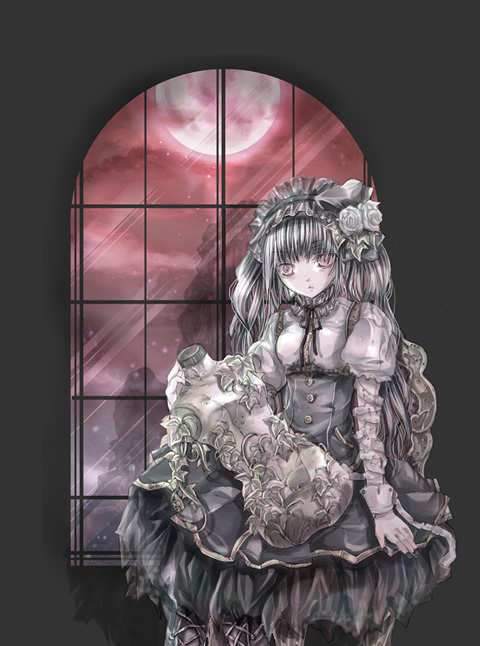 hataharu (alicia cage), original, 1girl, bandages, dress, female focus, flower, full moon, goth fashion, gothic lolita, leaf, lolita fashion, moon, night, red moon, reflection, ribbon, rose, solo, white flower, white rose, window