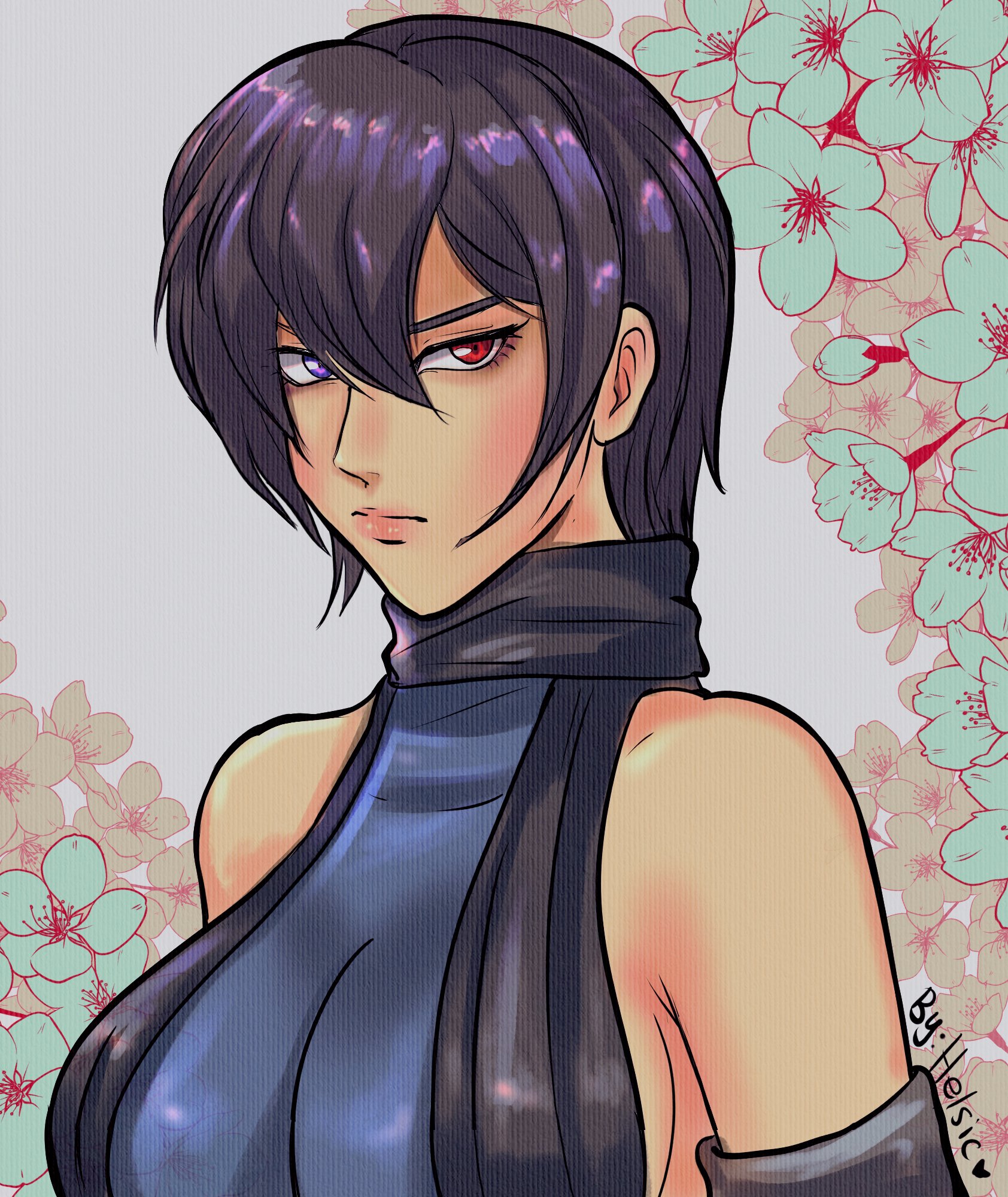 helsic, shiki (samurai spirits), samurai spirits, snk, 1girl, black hair, blue eyes, breasts, heterochromia, large breasts, red eyes, sideboob, solo