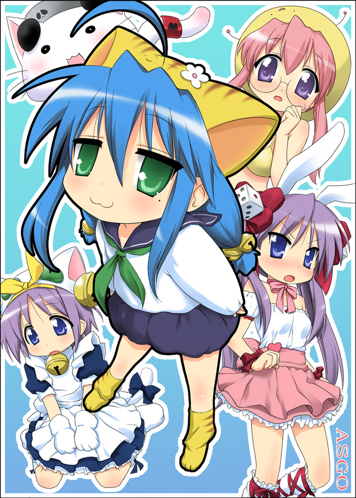 zanzi, dejiko, gema, hiiragi kagami, hiiragi tsukasa, izumi konata, nyamou, piyoko, puchiko, takara miyuki, usada hikaru, di gi charat, lucky star, 4girls, alternate costume, animal ears, bare shoulders, cat ears, cathead, child, cosplay, crossover, dejiko (cosplay), enmaided, gema (cosplay), maid, mole, mole under eye, multiple girls, piyoko (cosplay), puchiko (cosplay), rabbit ears, school uniform, serafuku, sisters, standing, twins, usada hikaru (cosplay)
