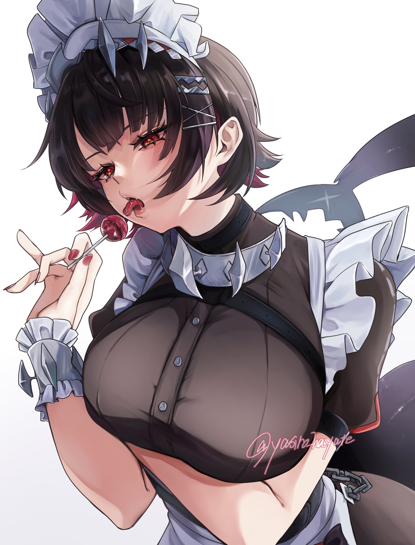 yasiro hayate, ellen joe, zenless zone zero, highres, 1girl, black hair, breasts, candy, colored inner hair, fins, fish tail, food, hair ornament, hairband, large breasts, lollipop, maid, maid headdress, metal hairband, mole, mole under eye, multicolored hair, pantyhose, razor blade hair ornament, red eyes, red hair, scar, scar on tail, shark girl, shark tail, short hair, spiked headband, tail, two-tone hair
