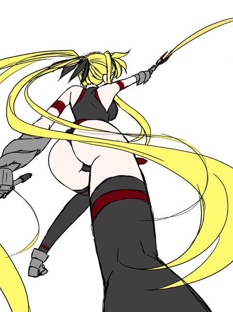 frapowa, bardiche (nanoha), bardiche (riot zanber stinger) (nanoha), fate testarossa, fate testarossa (true sonic form), lyrical nanoha, mahou shoujo lyrical nanoha, mahou shoujo lyrical nanoha strikers, 00s, 1girl, ass, female focus, long hair, solo, thighhighs, twintails, very long hair