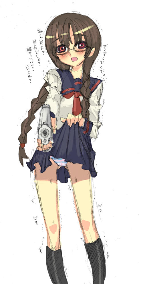 nagy, original, clothes lift, glasses, gun, handgun, panties, pistol, school uniform, serafuku, skirt, skirt lift, solo, striped clothes, striped panties, twintails, underwear, weapon