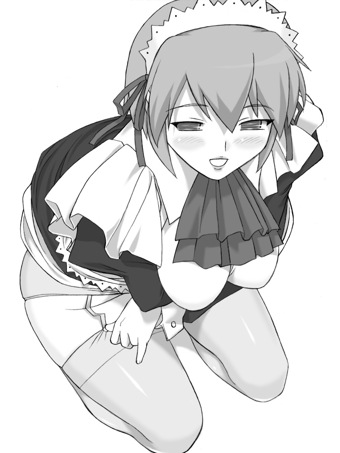 shichimenchou, kotonomiya yuki, suigetsu, 1girl, blush, breasts, female focus, greyscale, maid, monochrome, naughty face, panties, short hair, simple background, solo, thighhighs, underwear