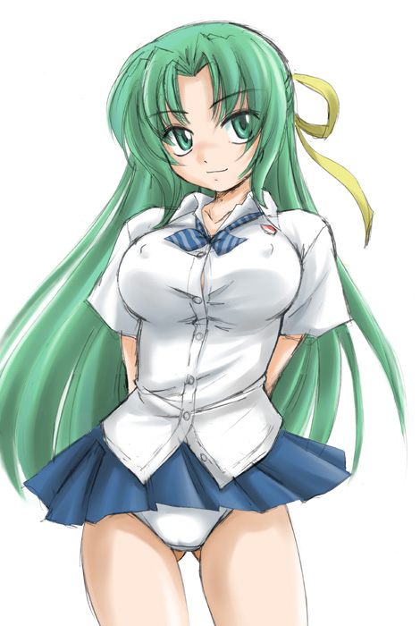wan'yan aguda, sonozaki shion, higurashi no naku koro ni, 00s, 1girl, female focus, half updo, miniskirt, panties, school uniform, serafuku, skirt, solo, underwear