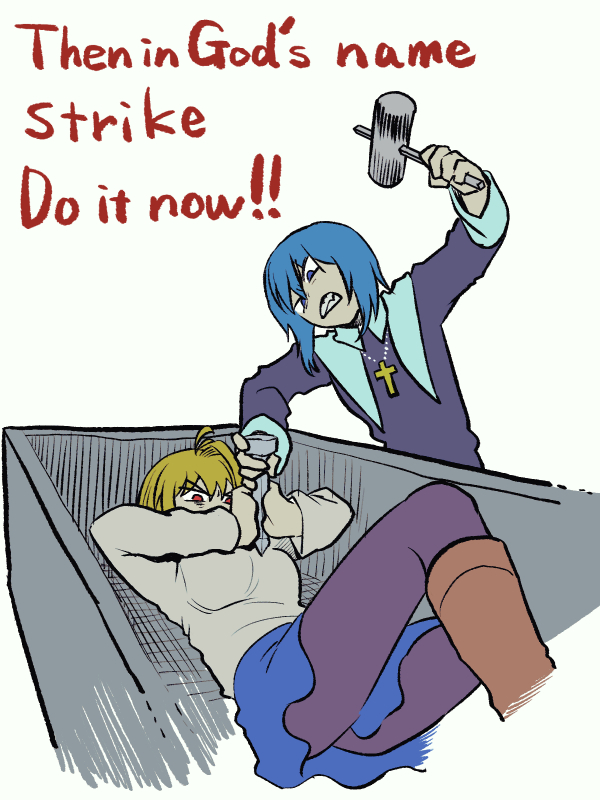 metarogu, arcueid brunestud, ciel (tsukihime), tsukihime, tsukihime (remake), 2girls, angry, blonde hair, blue eyes, boots, breasts, brown boots, coffin, cross, cross necklace, english text, fighting, hammer, jewelry, large breasts, looking at another, multiple girls, necklace, nun, pantyhose, short hair, skirt, stake, struggling, sweater, turtleneck, turtleneck sweater, vampire, white sleeve cuffs, white sweater, wing collar