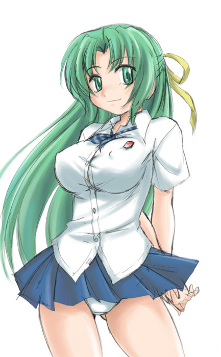wan'yan aguda, sonozaki shion, higurashi no naku koro ni, 00s, 1girl, female focus, half updo, miniskirt, panties, school uniform, serafuku, skirt, solo, underwear