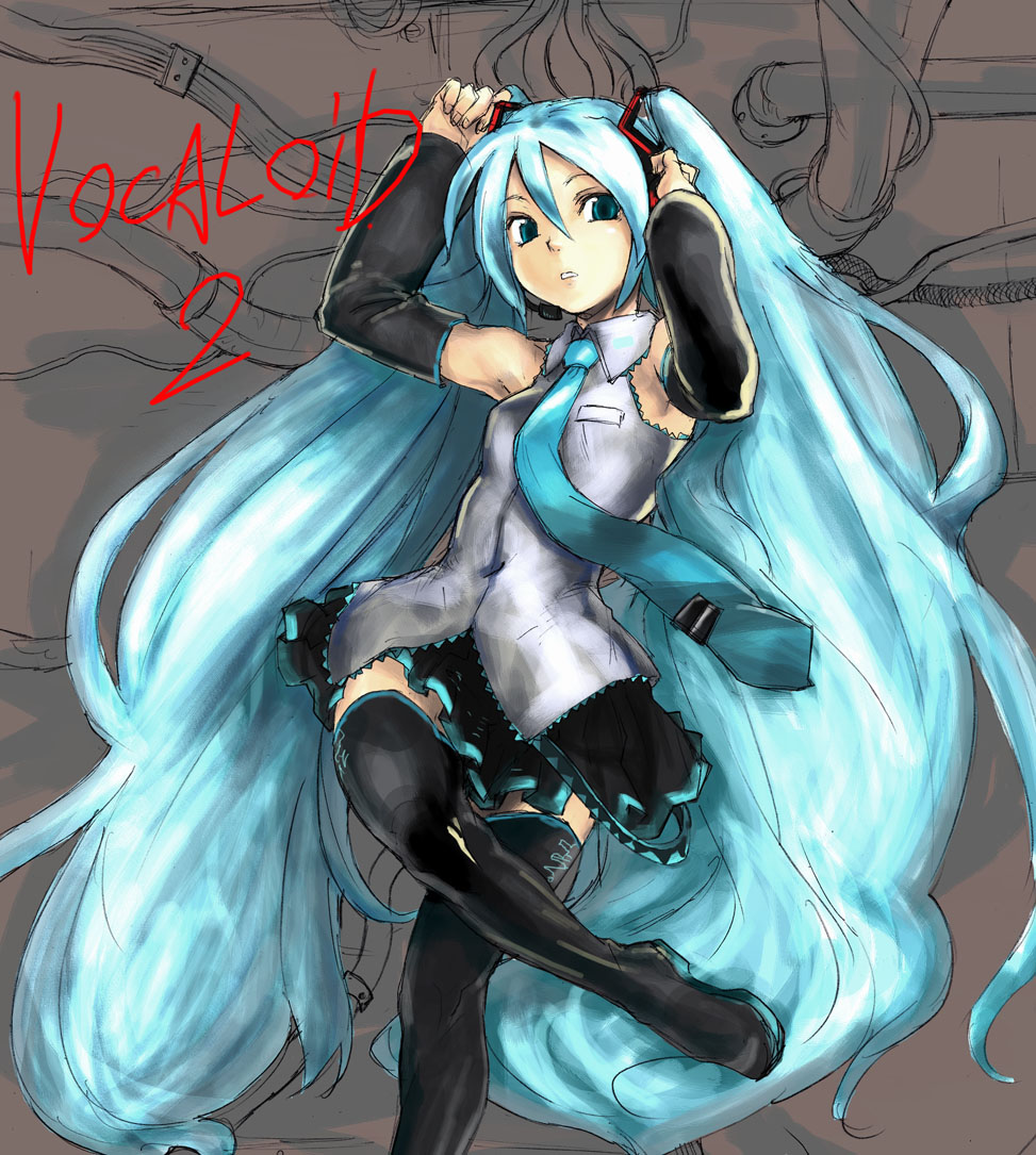 tetsu (kimuchi), hatsune miku, vocaloid, 1girl, aqua hair, aqua necktie, black thighhighs, blouse, blue eyes, blue hair, boots, cable, collared shirt, copyright name, crossed legs, detached sleeves, female focus, frilled shirt, frills, grey shirt, hair between eyes, hair ornament, headset, industrial pipe, long hair, matching hair/eyes, necktie, shirt, shoes, sitting, skirt, sleeveless, sleeveless shirt, solo, thigh boots, thighhighs, twintails, very long hair, zettai ryouiki