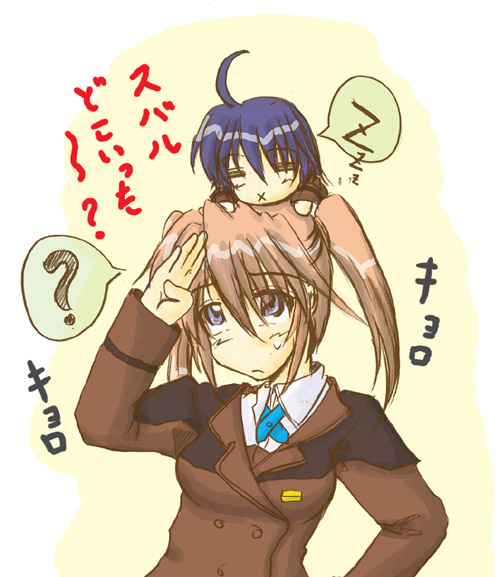 zero point, subaru nakajima, teana lanster, lyrical nanoha, mahou shoujo lyrical nanoha, mahou shoujo lyrical nanoha strikers, 00s, 2girls, ?, blue hair, chibi, chibi on head, military, military uniform, mini person, minigirl, multiple girls, on head, sleeping, twintails, zzz