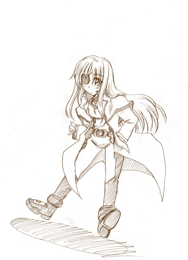 zero point, cinque (nanoha), numbers (nanoha), lyrical nanoha, mahou shoujo lyrical nanoha, mahou shoujo lyrical nanoha strikers, 00s, 1girl, brown theme, eyepatch, female focus, monochrome, solo
