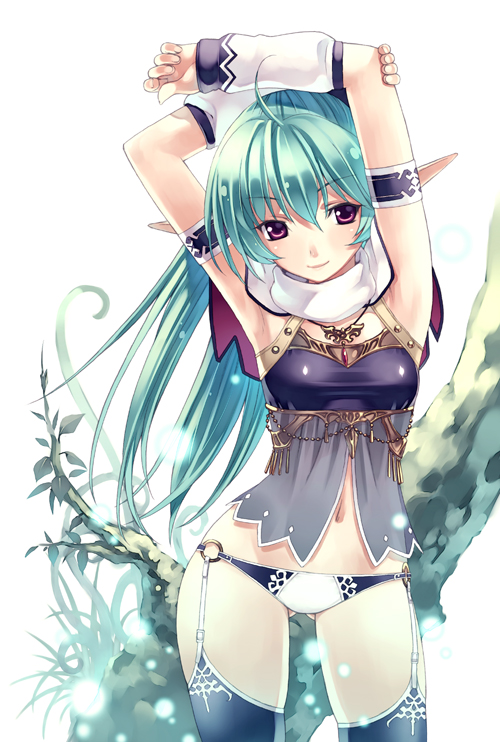 hirano katsuyuki, original, 1girl, ahoge, antenna hair, armpits, bracelet, elf, female focus, garter belt, green hair, jewelry, lingerie, lowleg, lowleg panties, navel, necklace, panties, pointy ears, solo, thighhighs, underwear