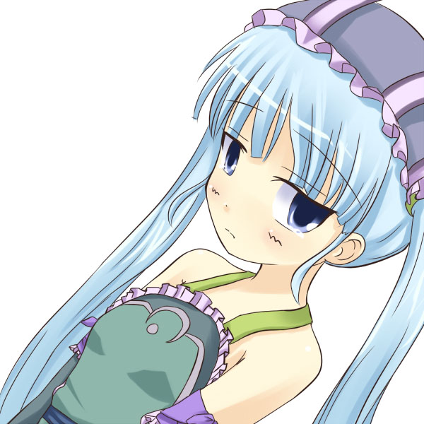 kuro (be ok), gretel (otogi-jushi akazukin), otogi-juushi akazukin, gretel, 00s, 1girl, blue hair, blush, dutch angle, female focus, frown, hat, long hair, sad, solo, tears, twintails