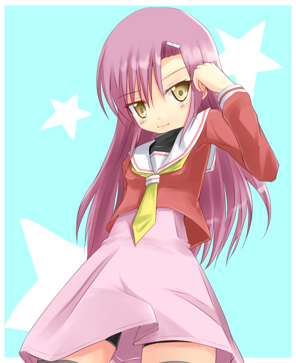 kuro (be ok), katsura hinagiku, hayate no gotoku!, 00s, 1girl, bike shorts, blush, female focus, from below, hair ornament, hairclip, long hair, looking down, pink hair, school uniform, serafuku, skirt, smile, solo, thighhighs, yellow eyes, zettai ryouiki