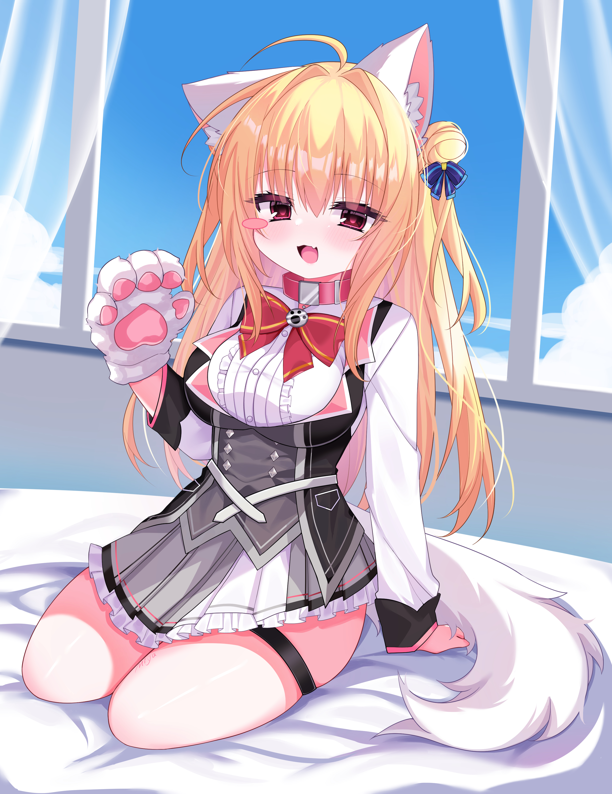 sato ruka, izumi hiyori, hamidashi creative, absurdres, chinese commentary, commentary request, highres, 1girl, :d, ahoge, animal collar, animal ear fluff, animal ears, animal hands, arm at side, blonde hair, blue bow, blush, blush stickers, bow, bowtie, breasts, buttons, center frills, collar, curtains, day, diamond button, dog ears, dog tail, double-breasted, double bun, eyelashes, eyes visible through hair, fake animal ears, fake tail, fang, frilled shirt, frilled skirt, frills, full body, gloves, grey skirt, hair between eyes, hair bow, hair bun, hair intakes, hand up, indoors, large breasts, long hair, long sleeves, looking at viewer, miniskirt, on bed, open mouth, paw gloves, paw print, pink collar, pleated skirt, red bow, red bowtie, red eyes, school uniform, shirt, sitting, skin fang, skindentation, skirt, smile, solo, straight hair, tail, thigh strap, thighs, two-tone skirt, two side up, very long hair, white shirt, white skirt, window, yokozuwari