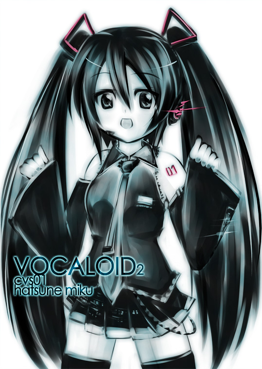 g-ist, hatsune miku, vocaloid, 1girl, blouse, character name, collared shirt, copyright name, cowboy shot, detached sleeves, female focus, grey shirt, hair between eyes, headset, long hair, monochrome, shirt, skirt, sleeveless, sleeveless shirt, solo, tattoo, thighhighs, twintails, very long hair, white background