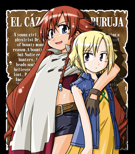furafura, ellis, ellis (el cazador de la bruja), nadie, el cazador de la bruja, 00s, 2girls, :d, blonde hair, blue eyes, cowboy shot, long hair, looking at viewer, multiple girls, open mouth, red hair, short hair, smile, standing, text focus, twintails, very long hair