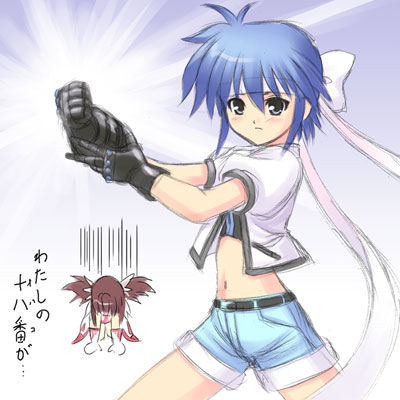 pandadanpa, hoshizora kirara, revolver knuckle, subaru nakajima, lyrical nanoha, magical battle arena, mahou shoujo kirara to sarara, mahou shoujo lyrical nanoha, mahou shoujo lyrical nanoha strikers, lowres, translation request, 00s, 2girls, belt, blue eyes, blue hair, blush, bow, brown hair, denim, denim shorts, gloves, hair ribbon, headband, midriff, multiple girls, navel, prostration, ribbon, short hair, shorts, twintails