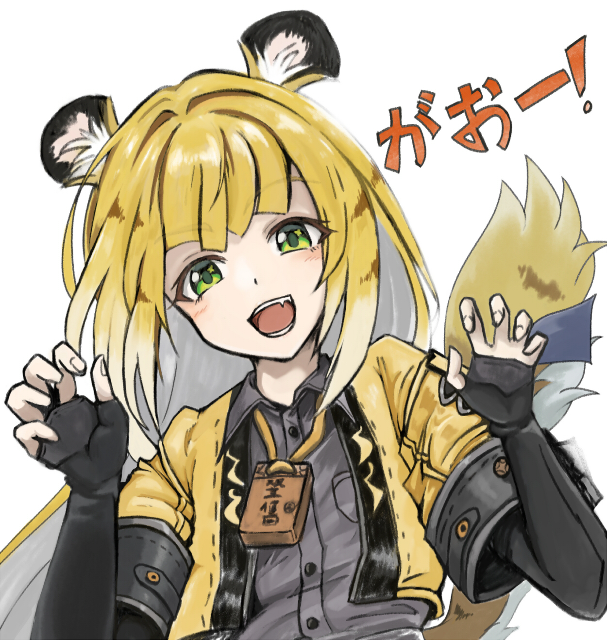 tachi (mtd), ju fufu, zenless zone zero, highres, 1girl, animal ear fluff, animal ears, blonde hair, bow, colored inner hair, fingerless gloves, gloves, green eyes, long hair, looking at viewer, multicolored hair, open mouth, shirt, smile, solo, tail, tail bow, tail ornament, tiger ears, tiger girl, tiger tail, white hair