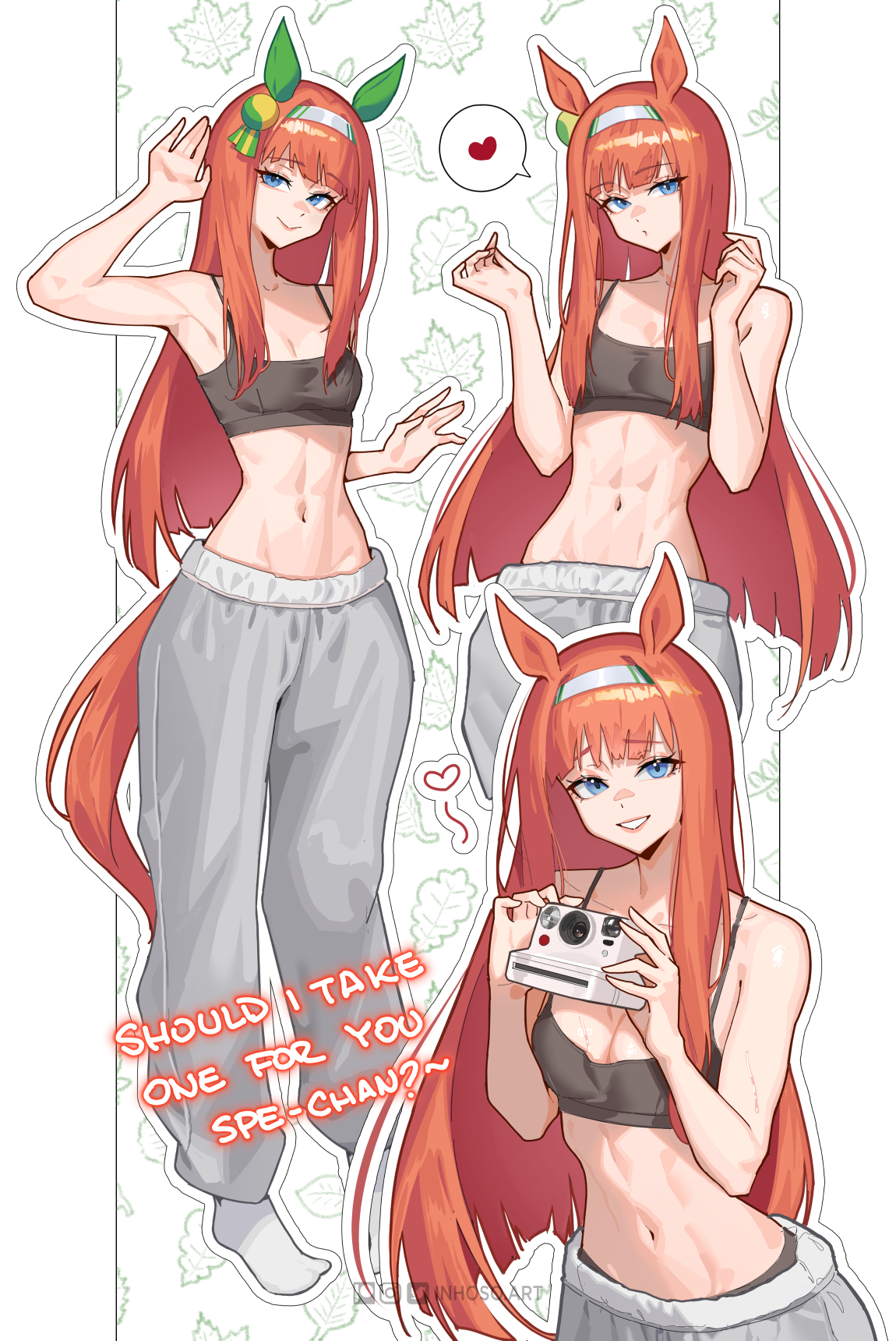 inhoso, silence suzuka (umamusume), umamusume, commentary, english commentary, highres, 1girl, animal ears, armpits, bare arms, bare shoulders, blue eyes, blunt bangs, bow, breasts, camera, cleavage, collarbone, crop top, english text, fox ears, fox girl, fox tail, full body, green bow, grey hairband, grey pants, grey socks, hair ornament, hairband, hand on own ear, heart, holding, holding camera, leaf, leaf background, long hair, long sidelocks, looking at viewer, maple leaf, medium breasts, multiple views, navel, orange hair, orange tail, outline, pants, sidelocks, silver hairband, smile, socks, speech bubble, standing, stomach, straight hair, sweat, tail, teeth, toned, toned female, watermark, white outline