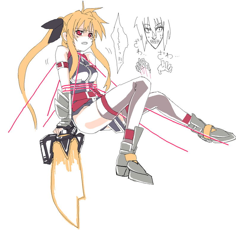 kurosho, bardiche (nanoha), bardiche (riot blade) (nanoha), fate testarossa, fate testarossa (true sonic form), jail scaglietti, lyrical nanoha, mahou shoujo lyrical nanoha, mahou shoujo lyrical nanoha strikers, 00s, 1girl, bdsm, blonde hair, bondage, bound, energy sword, female focus, fingerless gloves, gloves, magical girl, solo, sword, thighhighs, tied up (nonsexual), twintails, weapon