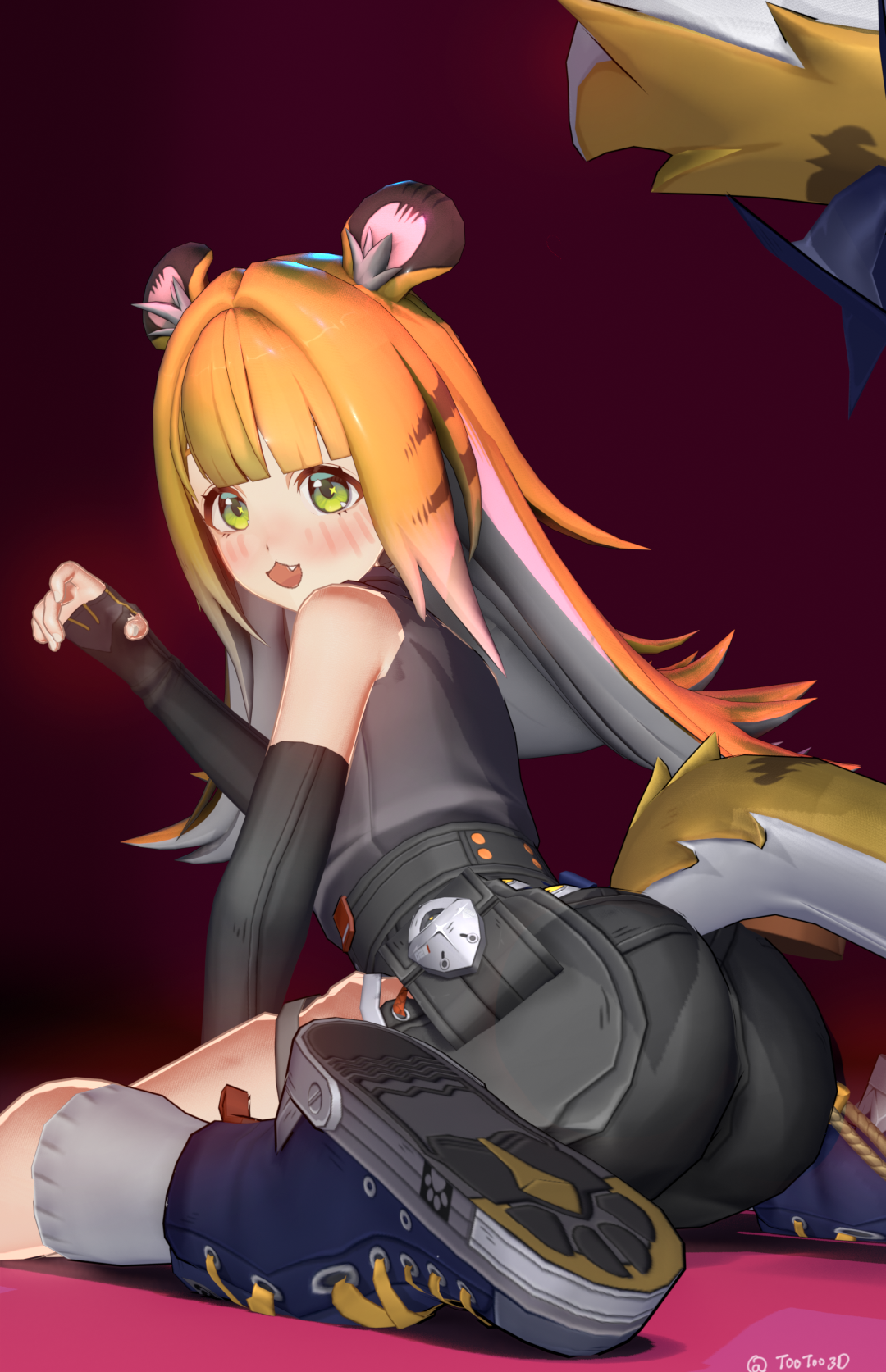 ju fufu, zenless zone zero, highres, 1girl, animal ear fluff, animal ears, blonde hair, breasts, gloves, green eyes, long hair, looking at viewer, multicolored hair, open mouth, shirt, shorts, smile, solo, tail, tiger ears, tiger girl, tiger tail, user zent4844, white hair