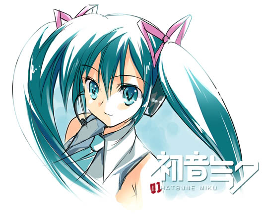 rei (artist), rei (rei's room), hatsune miku, vocaloid, 1girl, aqua background, aqua hair, aqua necktie, blouse, character name, collared shirt, female focus, grey shirt, hair between eyes, headset, long hair, necktie, shirt, simple background, sleeveless, sleeveless shirt, solo, tattoo, twintails, upper body