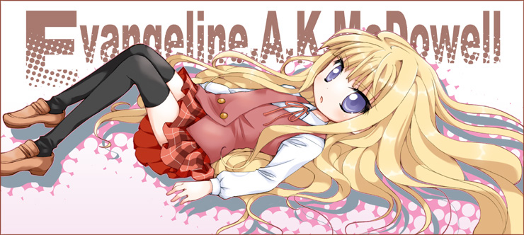 mizutama, mizutama (artist), evangeline a.k. mcdowell, mahou sensei negima!, 00s, 1girl, blonde hair, blue eyes, female focus, flat chest, long hair, plaid clothes, plaid skirt, school uniform, serafuku, skirt, solo, thighhighs, vampire, zettai ryouiki