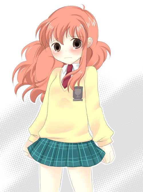 tsukihito, kujou sonomi, code-e, 00s, 1girl, blush, brown eyes, female focus, frown, long hair, necktie, orange hair, pink eyes, pink hair, plaid clothes, plaid skirt, sad, school uniform, serafuku, skirt, solo, tears