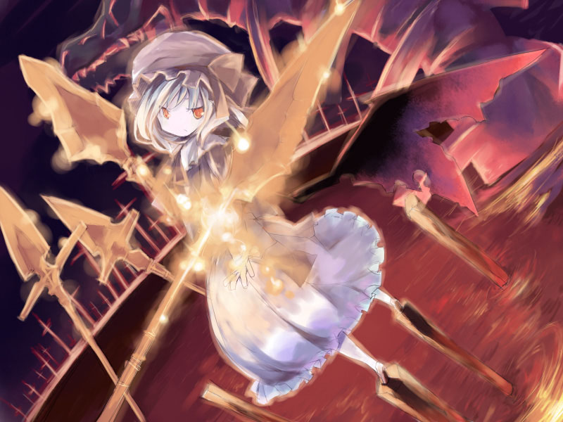 xexu, remilia scarlet, touhou, 1girl, bat wings, female focus, hat, polearm, solo, spear, spear the gungnir, weapon, wings