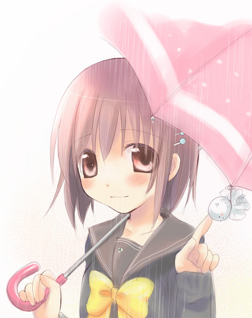kayune niu, 1girl, blush, brown hair, female focus, rain, school uniform, serafuku, short hair, smile, solo, umbrella