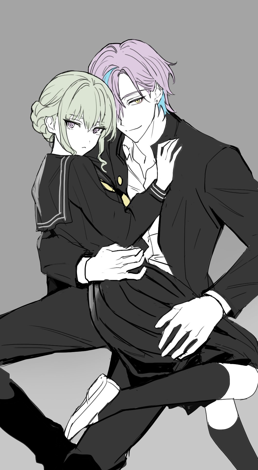 www 2duck2, kamishiro rui, kusanagi nene, project sekai, commentary request, highres, korean commentary, 1boy, 1girl, arm around waist, black serafuku, black socks, blue hair, closed eyes, earrings, gakuran, grey background, grey hair, hair up, jewelry, kneehighs, kono matsuri ni yuuyami iro mo (project sekai), long sleeves, looking at viewer, multicolored hair, official alternate hairstyle, purple hair, school uniform, serafuku, short hair, simple background, smile, socks, split mouth, streaked hair, stud earrings, two-tone hair, yellow eyes