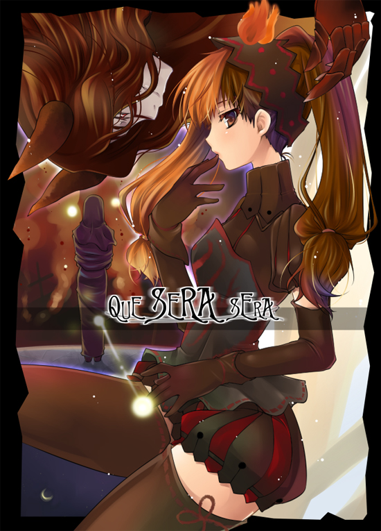 yukian, layla (sound horizon), shaytan, shaytan (sound horizon), seisen no iberia, sound horizon, 1boy, 1girl, brown hair, demon boy, elbow gloves, gloves, thighhighs, twintails, zettai ryouiki