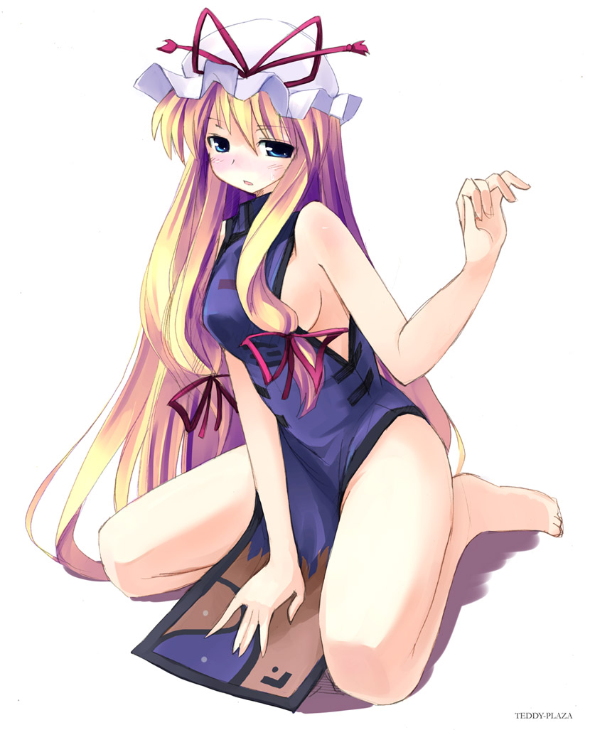 seo tatsuya, yakumo yukari, touhou, 1girl, barefoot, blonde hair, blue eyes, blush, breasts, china dress, chinese clothes, dress, female focus, full body, hair ribbon, hat, kneeling, long hair, open mouth, ribbon, sideboob, solo, tabard, torn clothes, very long hair, white background
