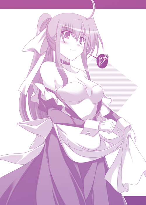 ibuki pon, quint nakajima, lyrical nanoha, mahou shoujo lyrical nanoha, mahou shoujo lyrical nanoha strikers, 00s, 1girl, ahoge, bare shoulders, blush, breasts, choker, cleavage, dress, female focus, heart, long hair, monochrome, ponytail, purple theme, smile, solo, strapless, strapless dress